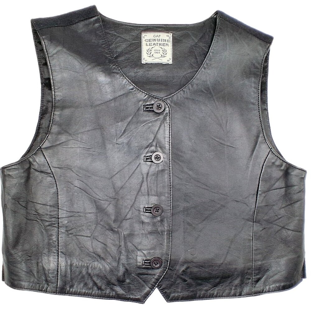 Vintage 1990s GAP Genuine Leather Vest Black Wool Back Button Front Womens S - Picture 1 of 9